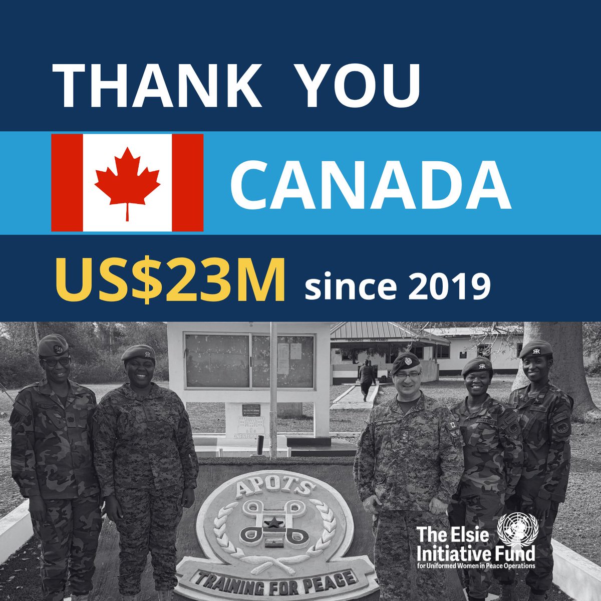 ElsieFund's tweet photo. Thank you, Canada 🇨🇦, for championing gender‑responsive peacekeeping + evidence‑based change. 

Since 2019, your support has helped drive reforms that open doors for more women to serve &amp; lead in @UNPeacekeeping operations.💪
@GAC_Corporate @CanadaONU @MPTFOffice

#InvestInPeace https://t.co/Ifs1zewl2h