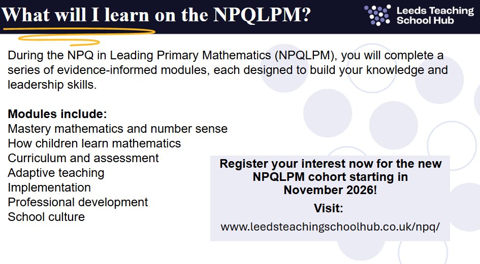 LeedsTSH's tweet photo. If you are leading mathematics, or have a passion for 
maths, we want to hear from you! 🧮🏫✏️

Join the next NPQLPM cohort in 2026-2027 and visit https://t.co/uUrCMyyHWc to register your interest. ​

#LTSH #NPQs #NPQLPM #TeachPrimary #Maths #Mathematics #Teaching https://t.co/kWaPA80X2j