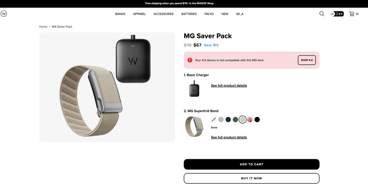 chaddykee's tweet photo. @willahmed Hey Will! Previously churned customer wanting to restart membership, manage payment info.. and buy newest 5.0 model band. Lot of UX/UI friction to restart. If I click Shop 4.0 page is blank. No idea where to go here and give @WHOOP $250+ https://t.co/QAHma7UcxA