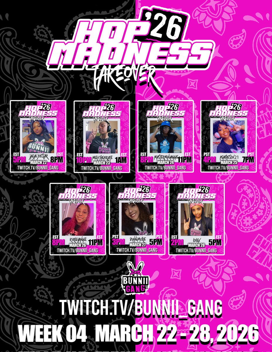 bunniigang's tweet photo. HEY GANG!!! DAY 24 OF #HOPMADNESS CONTINUES TODAY AT 8PM EST FOLLOW THE GANG AND THE OFFICIAL TWITCH CHANNEL, https://t.co/MVoZnpc6y1
@JaiJai_joestar ✅️
@Mely_Tha_Pirate ✅️
@MastermindAggie 
@Peachesluv21 
@Kurleyangel 
@bunniimxrie 
@Lolex99g 
#BUNNIIGANG #HOPWITUS https://t.co/9FfaPg1bXg