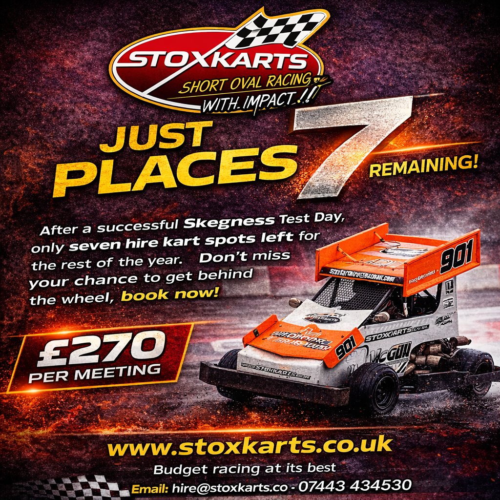 Stoxkarts1's tweet photo. Just 7 hire kart places remaining for the rest of the year.

After Skegness, demand has been high.

If you want to race, book now.

#Stoxkarts #BudgetRacing #ShortOvalRacing https://t.co/3hxAHFxMKn