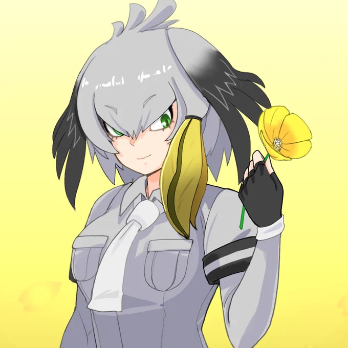 #みんなで描くけもフレ記念日絵 #けものフレンズ 今日の誕生花は「ポピー」とのことで カリフォルニアポピー=ハナビシソウをプレゼントしてくれるハシビロコウちゃん 単にハナビシソウをハシビロコウと空目しただけです