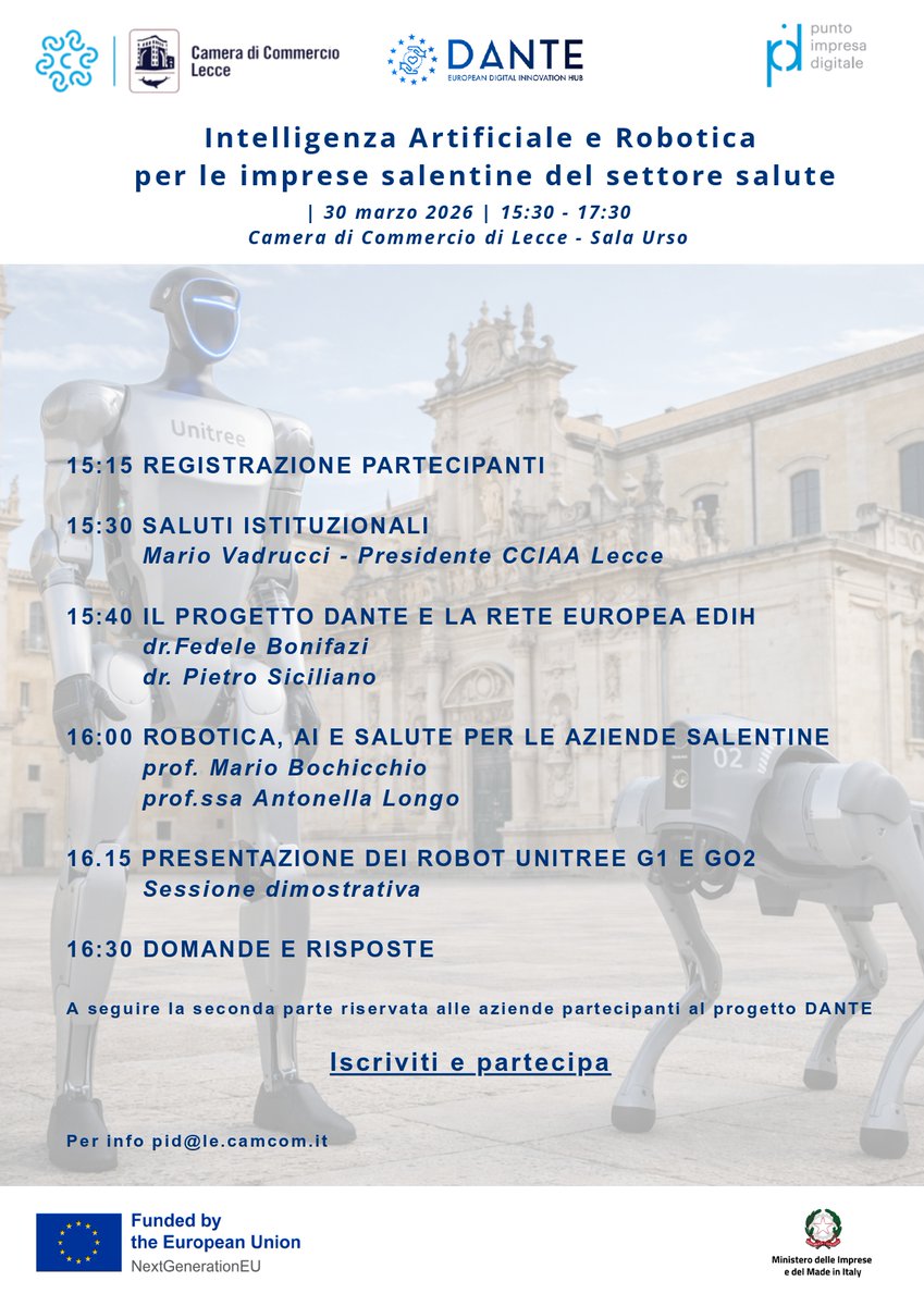 CamComLecce's tweet photo. Info e registrazione: https://t.co/Mp0Zef1rW3

#robotica #intelligenzaartificiale #ia #trasformazionedigitale #salute #benessere #robot https://t.co/nqz5iWq0dW