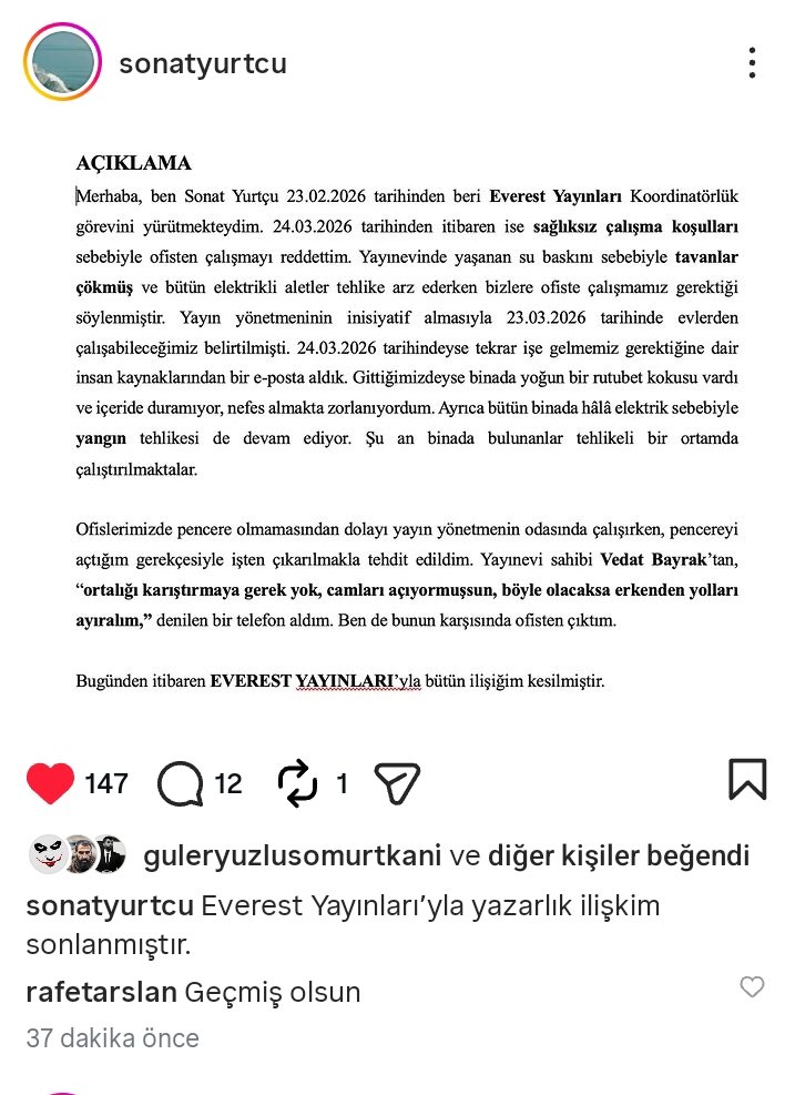 Hayır, yazınca, açıklama yapınca ben "kötü oluyorum" ama işimiz bu. Sonat Yurtçu, Everest Yayınlarıyla yollarını ayırmış. Hayırlı olsun. Zor, tehlikeli koşullar...Neden <a href="/EverestKitap/">Everest Yayınları</a>