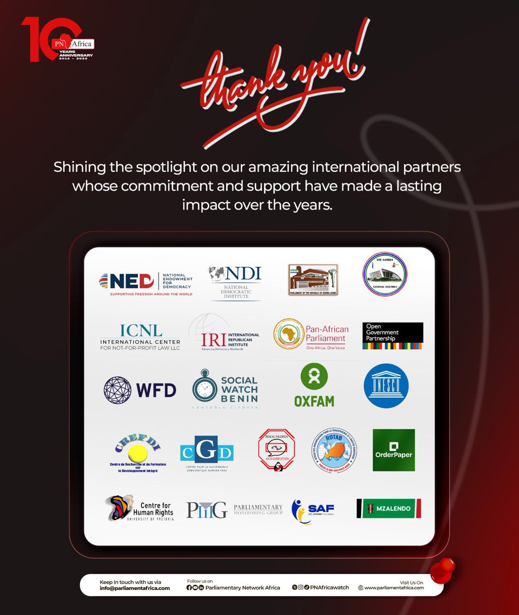 PNAfricawatch's tweet photo. 🌍🎉 Honoring Our Global Partners 🎉🌍
We proudly recognize our outstanding international partners whose commitment and cooperation continue to strengthen our mission.
Thank you for walking this journey with us and for your valued partnership throughout the years.
@NDI @NEDemocracy @CHR_HumanRights @parliamentGambia @RSL_Parliament @AfrikParliament @unescoghnatcom @ICNLAlliance @IRIglobal @Oxfam @swbenin @PMG_SA @Renacniger @WFD_Democracy @MzalendoWatch @OrderPaper
#PNAfricaAt10
#internationalPartnerSpotlight
#partnerappreciation
#WorkingTogether