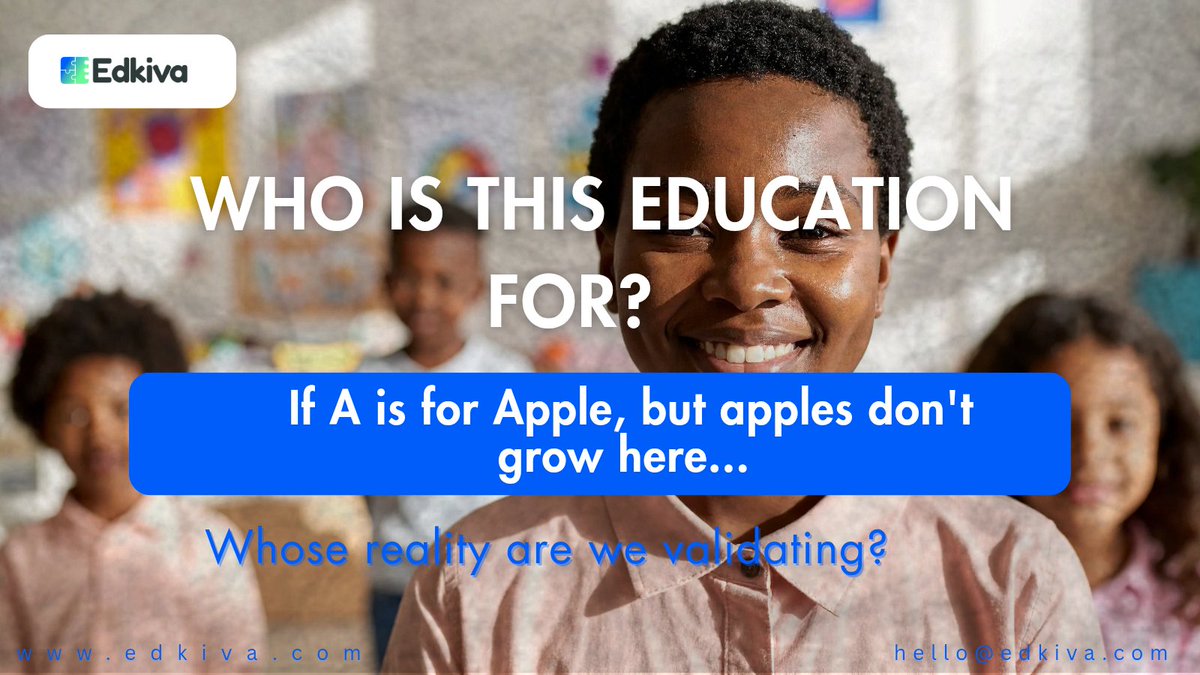 Edkiva_'s tweet photo. "A is for Apple."

For the child where apples grow, this sparks curiosity.

For the African child who's never seen an apple tree, this teaches one thing: knowledge lives somewhere else.

Education should start with what children KNOW.
#edkiva #education https://t.co/C7h8LUjKpb