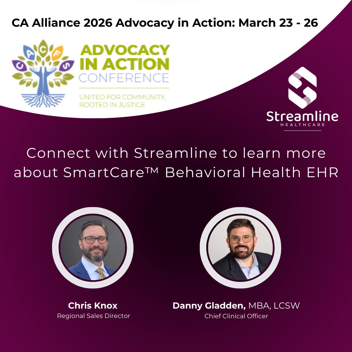 StreamlineHCSol's tweet image. 📍We’re onsite at the California Alliance’s 2026 Advocacy in Action Conf 3/24-3/25. If you’re attending, take a moment to connect with our team at Booth #16 and learn more about SmartCare™. 

#BehavioralHealthEHR #Streamline #CAAlliance #AdvocacyInAction