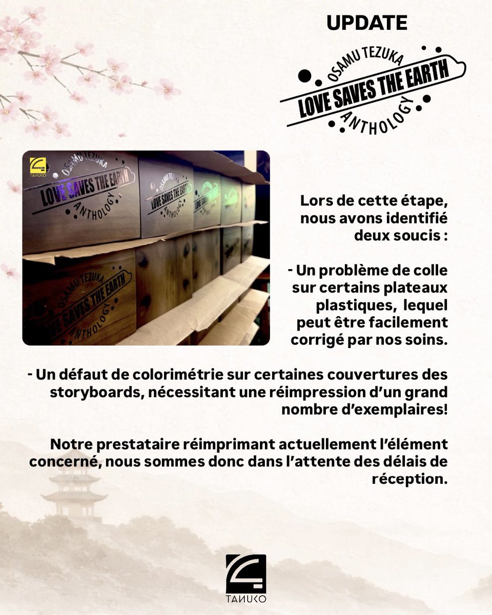 Tanuko_eu's tweet photo. 🇬🇧

Here are some updates regarding the collector’s box set Osamu Tezuka Anthology: Love Saves The Earth. 

After a long wait, the first pallets have arrived in France, where they were held for several weeks upon arrival.

Once the pallets were received, the meticulous assembly process began: each copy is hand-numbered, and all eight discs are individually inserted into each digipack.
This also allows us to carry out quality control on every single box set.

During this process, we identified two issues:

- A glue issue affecting some of the plastic trays, which can be easily corrected on our end.
- A color discrepancy on some of the storyboard covers, requiring a large number of copies to be reprinted.

Our supplier is currently reprinting the affected element, and we are therefore awaiting confirmation of the delivery timeline.

We understand that this additional delay comes on top of an already long wait. This is precisely why we want to remain fully transparent with you at every stage.

We are doing everything we can to ensure that you receive your box set as soon as possible—hopefully sometime in April at best.

Thank you very much for your understanding and continued support.

Alexis, Nelson, Philippe