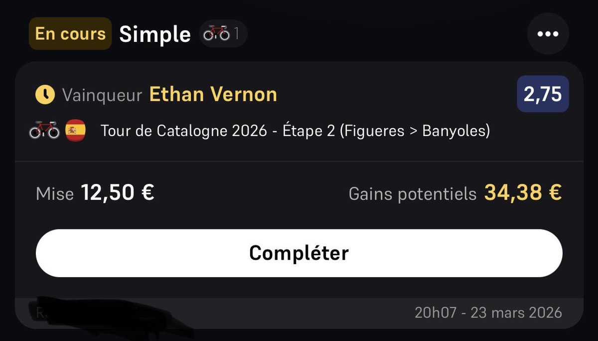 Comme annoncé hier, le final convient parfaitement à Vernon. Il possède le meilleur train de la startlist. Il a confirme en itw ce matin que les équipiers vont bosser pour lui ! Vamonos !!! 

🥇Vernon (2,75) 0,125%