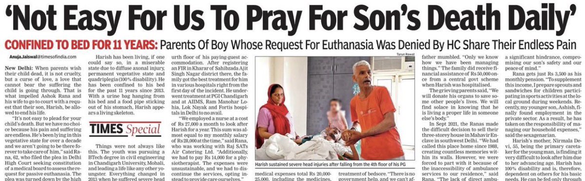 Harish Rana, the first patient in #India allowed passive #euthanasia by SC, passed away on Tuesday. He had been in a vegetative state for the last 13 years. His case highlighted the right to die with dignity. <a href="/timesofindia/">The Times Of India</a> A look back at Harish Rana’s struggle to passive
