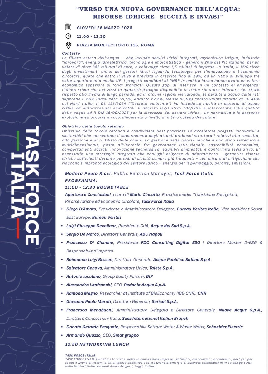 gigidecollanz's tweet photo. #savethedate🗓️
#Roma 26 marzo 2026

Round Table: “Verso una nuova governance dell’acqua: risorse idriche, siccità e invasi”
promossa da #TaskForceItalia, in programma il 26 marzo 2026, dalle 11:00 alle 12:50, presso Piazza Montecitorio 116, Roma
@AcquedelSudSpA 🇮🇹 https://t.co/keRJqjP5sO
