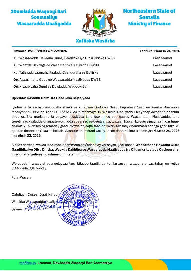 mofnortheast's tweet photo. 📢 OFFICIAL NOTICE: BAJAJ TAX REDUCTION
The Minister of Finance, Hon. Abdiqani Hussein H Hiirad, has approved a 28% tax reduction on Bajaj vehicles.
 📅 Period: March 24 – April 23, 2026 https://t.co/fzW3erNfj2