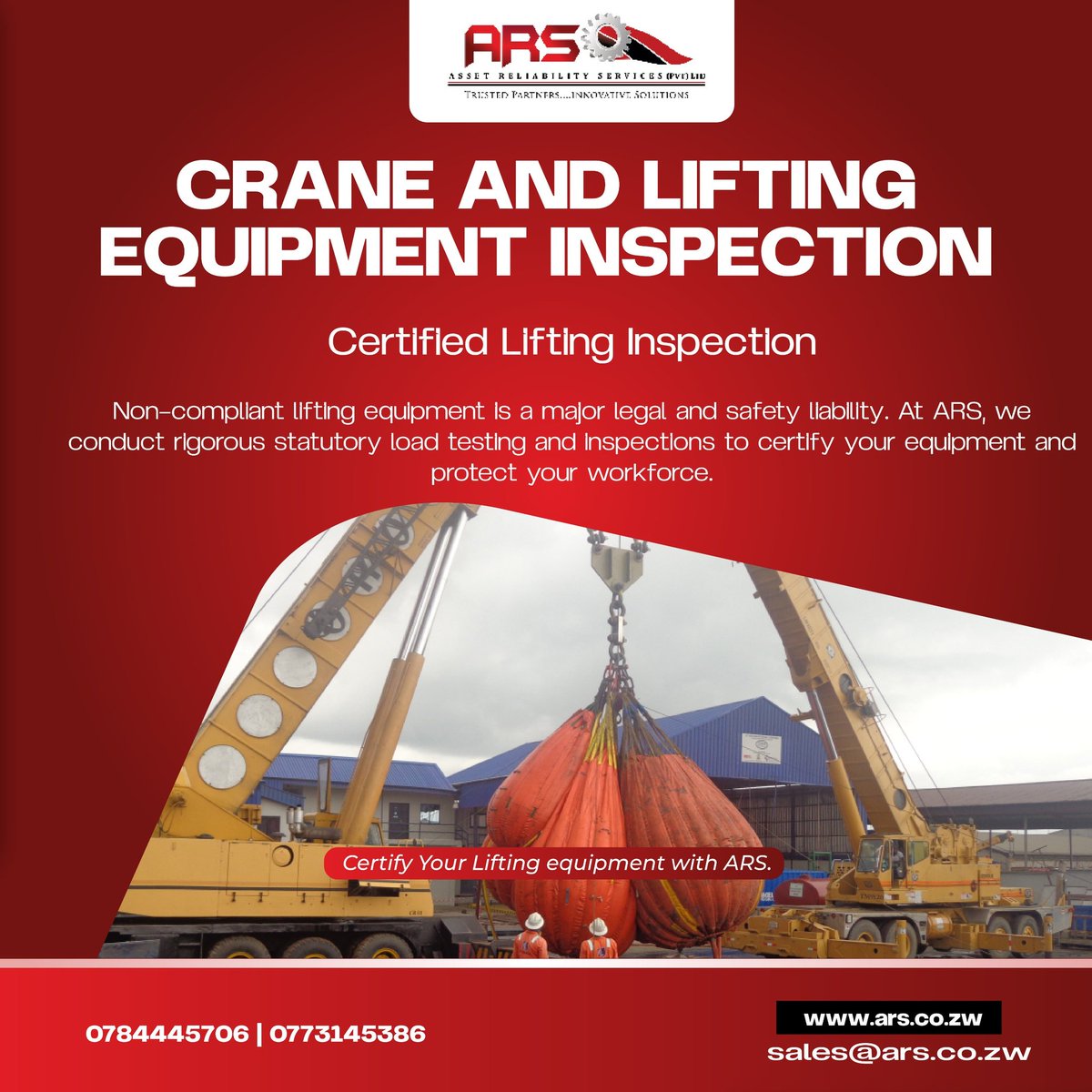 Certified equipment = A protected workforce. 🛡️
Don’t gamble with safety. ARS provides rigorous statutory inspections and load testing to keep your cranes and lifting gear compliant and reliable.

Contact the experts today:
📲 0784445706 | 0773145386
🌐 ars.co.zw