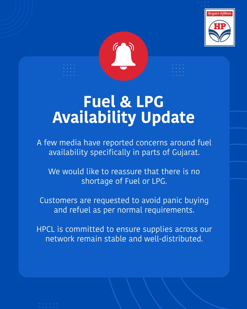 hpcl_Siliguri's tweet photo. A few media have reported concerns around fuel availability specifically in parts of Gujarat.

We would like to reassure that there is no shortage of Fuel or LPG.

Customers are requested to avoid panic buying &amp; refuel as per normal requirements.

@PetroleumMin @HardeepSPuri https://t.co/KoGHwLDFWc