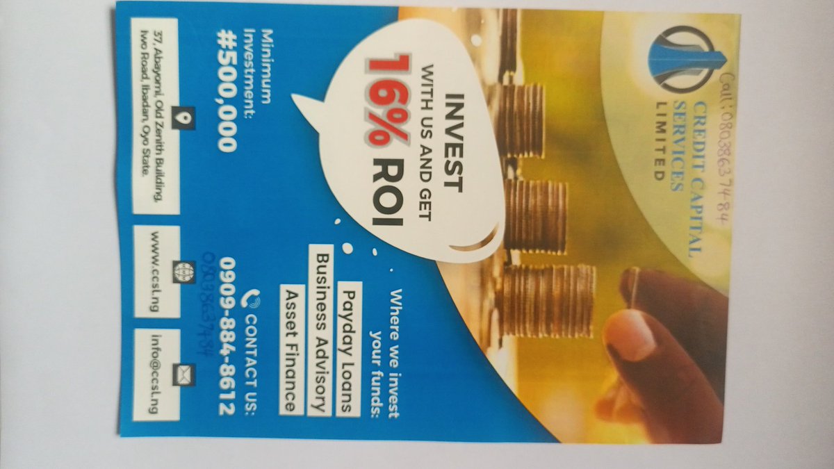 hephsat's tweet photo. @chriscxss Congrats sir.

I want you to invest part of it with us at Credit Capital Service Limited. You get 18% of any amount you invest with us monthly.
We have offices in Abuja at world Trade centre, Abuja, we have in Oyo state, ondo state, Lagos state, Osun state, ogun state. Thanks https://t.co/QmrtcZSY1U