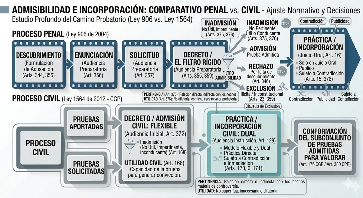 🔴🟩 La admisibilidad probatoria: Una lectura sistemática del proceso penal y civil (Ley 906 vs. Ley 1564)
⚠️✅️Dominar el iter probatorio en Colombia exige leer armónicamente nuestros códigos. Un error fatal en las audiencias es confundir pertinencia, utilidad y conducencia, o