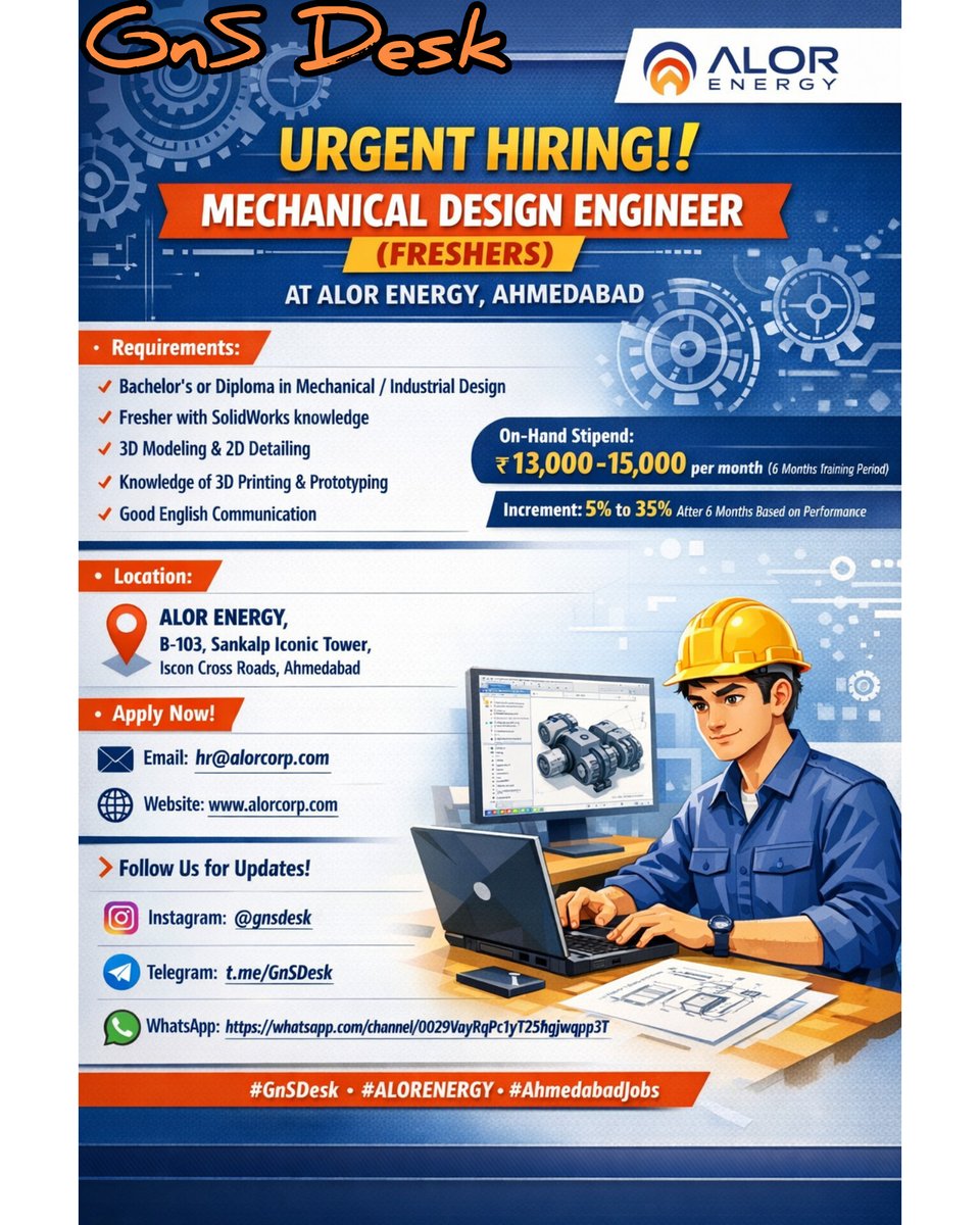 GnSDesk's tweet image. 🎯Urgent hiring for Mechanical Design Engineer position for Fresher candidates at ALOR ENERGY, Ahmedabad.
🚀🚀 Stay updated on Recruitment, Admissions, and Schemes
Join our!
🅾 Instagram Channel:
instagram.com/gnsdesk
➢ Telegram Channel:
t.me/GnSDesk
#GnSDesk
#ALOR