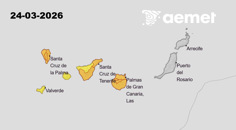 tabaibaxlove's tweet photo. O mi televisor está mal, o los colores de ese mapa de avisos por la #BorrascaTherese, están mal.
Yo veo naranjas y rojos, y son amarillos y naranjas.
Vean lo que dice la @AEMET_Canarias 
Modifiquen ese mapa, @RTVCes y gracias por informar. https://t.co/jFRcpYMbJo