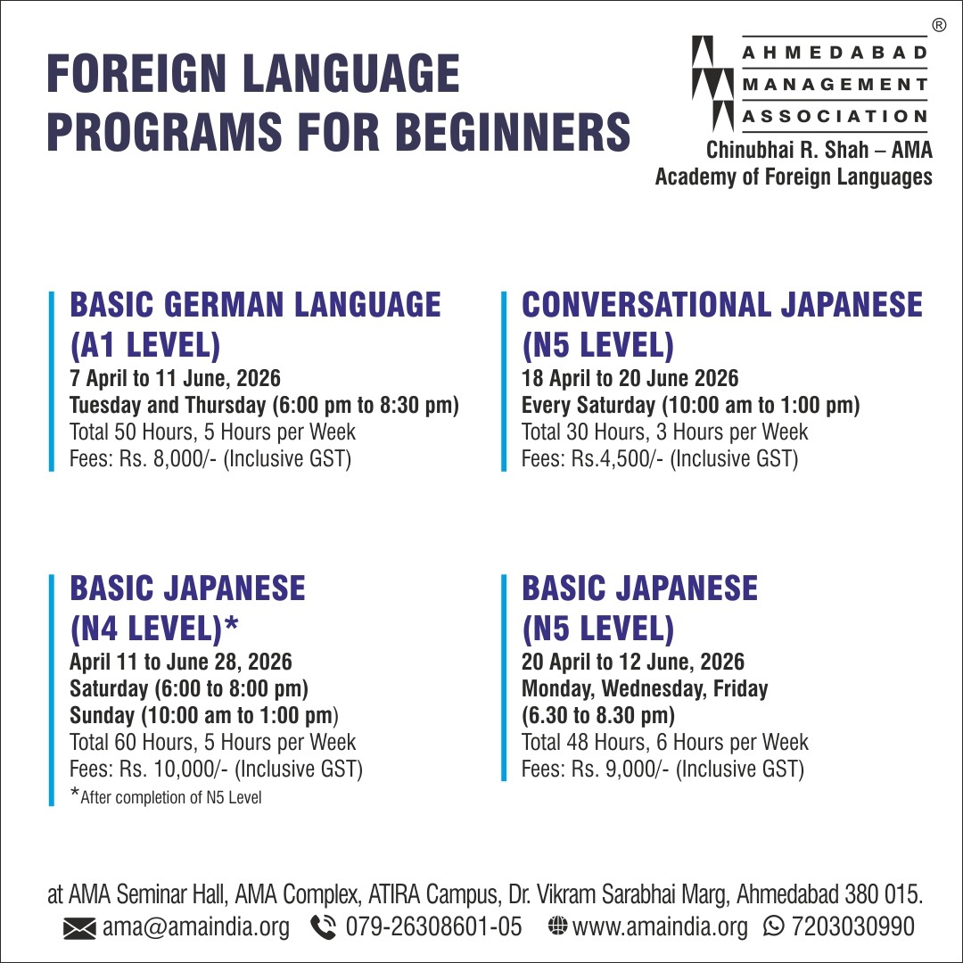 ama_ahmedabad's tweet image. Unlock a new language this summer at AMA!

Join our beginner programs in German (A1) and Japanese (N5 &amp;amp; N4) starting April 2026.

Limited seats - call 079-26308601-05 or visit amaindia.org/foreign-langua… to register today.

#ama #amaindia #japaneselanguage #germanlanguage