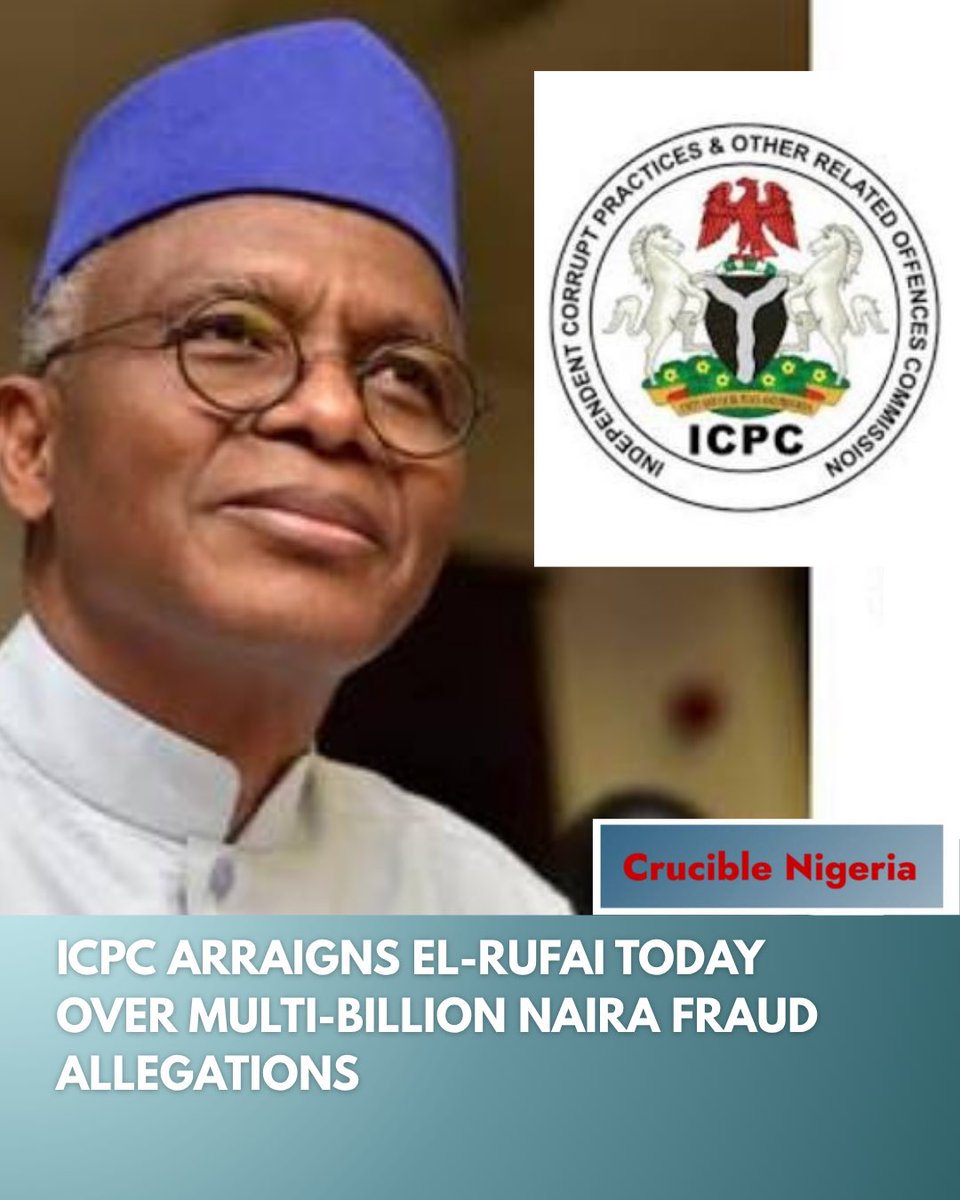 crucible_ng's tweet image. ICPC arraigns former Kaduna Governor Nasir El-Rufai today in court over alleged multi-billion naira fraud.
The case centres on financial misconduct during his time in office.
Court proceedings underway more details expected soon.

#ElRufai #ICPC #CorruptionProbe #KadunaPolitics