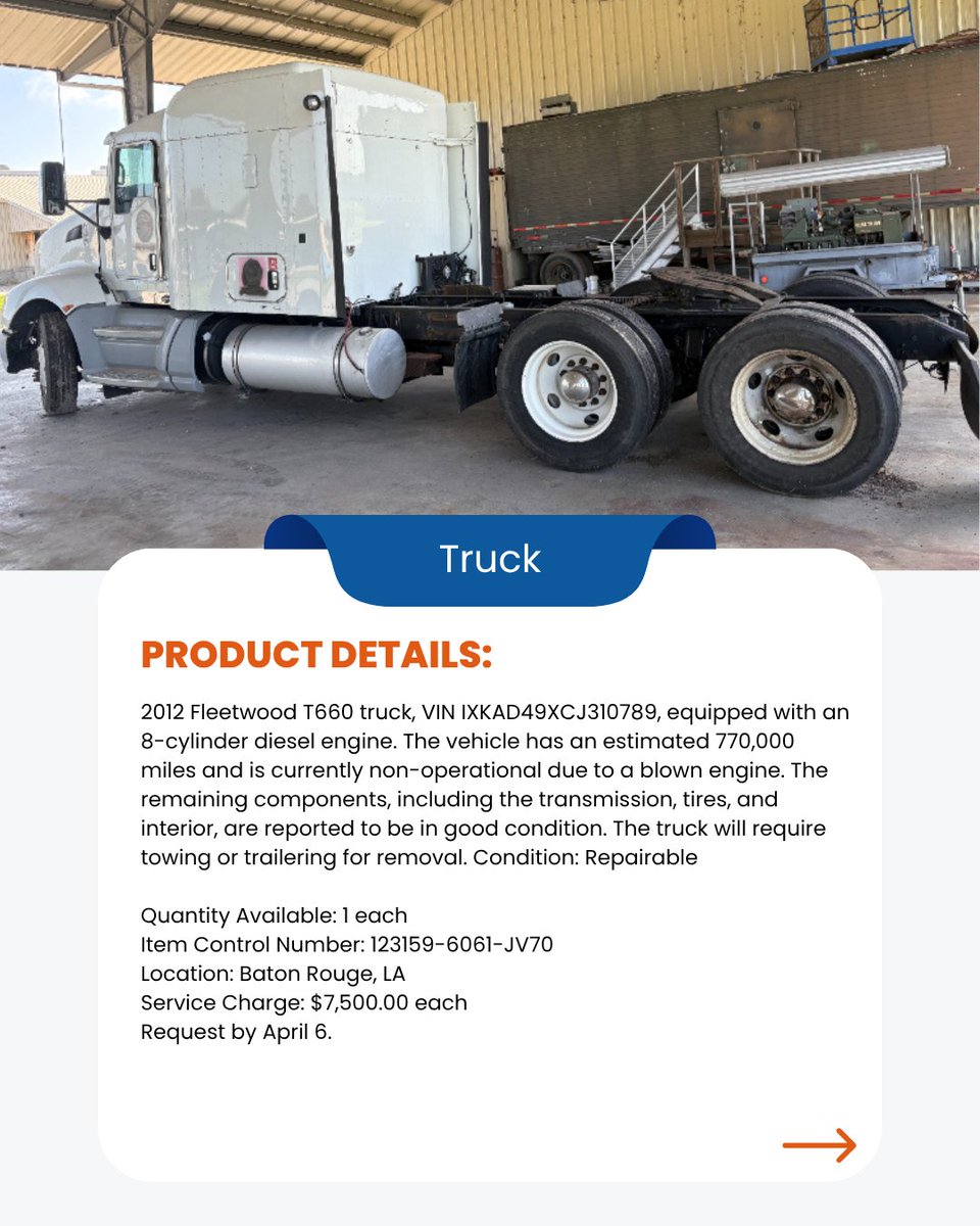 GAStateSurplus's tweet photo. Attention eligible entities! Request this Truck from GA DOAS Surplus by April 6! Email doasfedsur@doas.ga.gov with item name, quantity, and contact info. Must be enrolled in the GA Surplus Property Program. #SurplusProperty #GeorgiaDOAS #Truck https://t.co/uSMTC1tXS2
