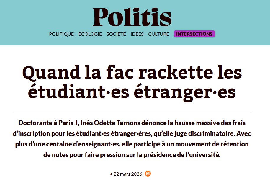 « Quand la fac rackette les étudiant·es étranger·es », Inès Odette Ternons, doctorante et enseignante à l'Université Paris 1, dénonce dans un article paru sur le site <a href="/Politis_fr/">Politis</a> la hausse massive des frais d’inscription pour les étudiant·es étranger·ères
politis.fr/articles/2026/…