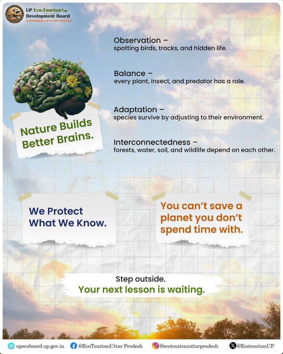 EcoTourismUP's tweet photo. Why just read about nature when you can stand inside it?
Forests are the worldโs greatest classroomsโteaching observation, balance, and connection.
We protect what we truly know.
#natureeducation #learnfromnature #forestclassroom #ecotourism #naturelovers #biodiversity #environmentawareness #outdoorlearning #sustainableliving #protectnature #conservation #wildlifeindia #exploreuttarpradesh #incredibleindia #greenfuture