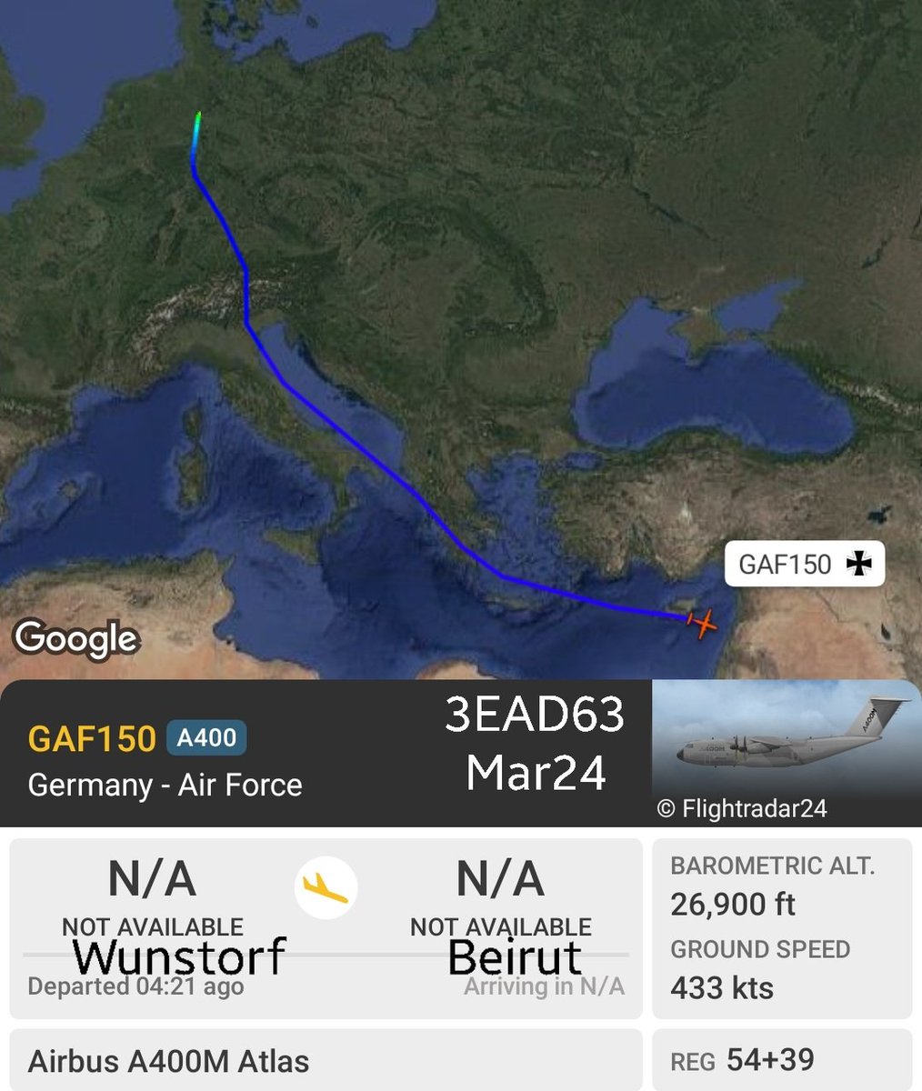 LebanonJets's tweet photo. #Germany AirForce A400M 54+39 #3EAD63 into #Beirut from Wunstorf AirBase & next to Amman ADJ/Marka as #GAF150. Same exact aircraft & similar trip done last week on Mar19- more military flights for #UNIFIL https://t.co/lUK0SgwVvC
