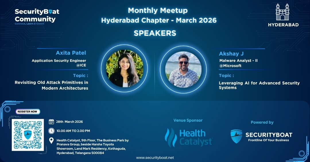 Join experts from Microsoft &amp; ICE for AppSec &amp; AI insights.

SecurityBoat Community March'26 Meet-up at Health Catalyst

28 Mar | 10AM-2PM

Register Now : securityboat.net/event/security…

Join our Slack Community: securityboatcommunity.slack.com/join/shared_in…