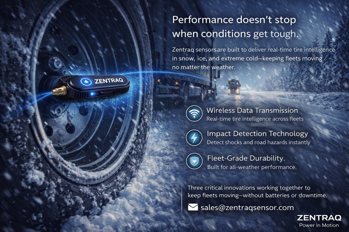 ZentraqSensor's tweet photo. Performance doesn’t stop when conditions get tough.

Zentraq sensors are built to deliver real-time tire intelligence in rain, darkness, and unpredictable environments—keeping fleets informed and moving no matter the conditions.

From city streets to long-haul routes, reliability isn’t optional. It’s engineered.

Core capabilities:

• Wireless Data Transmission – Real-time tire intelligence across fleets
• Impact Detection Technology – Detect shocks and road hazards instantly
• Fleet-Grade Durability – Built for all-weather performance

Three critical innovations working together to keep fleets operating—without batteries or downtime.

📩 Licensing & manufacturing opportunities available:
sales@zentraqsensor.com

ZENTRAQ
Power in Motion

#Zentraq #PowerInMotion #FleetTechnology #SmartMobility #AutomotiveInnovation #CommercialVehicles #AllWeatherPerformance
