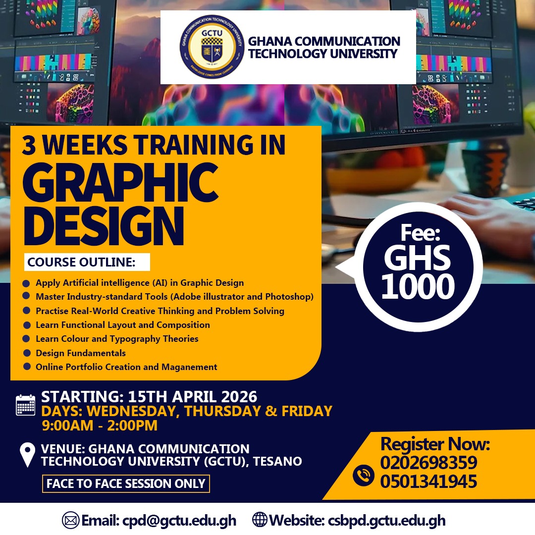 gctuonline's tweet image. 🎨 Learn Graphic Design in 3 Weeks!
Join the training at GCTU Tesano and master Adobe Illustrator, Photoshop, AI design tools &amp;amp; portfolio creation.

📅 Starts: 15 April 2026
💰 Fee: GHS1000

📞 0202698359 | 0501341945

#GraphicDesign #GCTU #DesignSkills