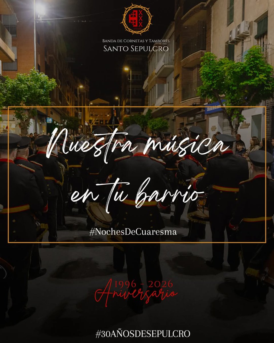 BandaSSepulcro's tweet photo. 🎶 𝐍𝐔𝐄𝐒𝐓𝐑𝐀 𝐌𝐔́𝐒𝐈𝐂𝐀 𝐄𝐍 𝐓𝐔 𝐁𝐀𝐑𝐑𝐈𝐎🎶

Con motivo de nuestro XXX aniversario, este final de temporada llevaremos a cabo una iniciativa muy especial ✨: nuestros tres últimos ensayos se celebrarán en distintos barrios de la localidad 🏘️.

#30añosdesepulcro ❤🖤 https://t.co/oarYN4pAl8