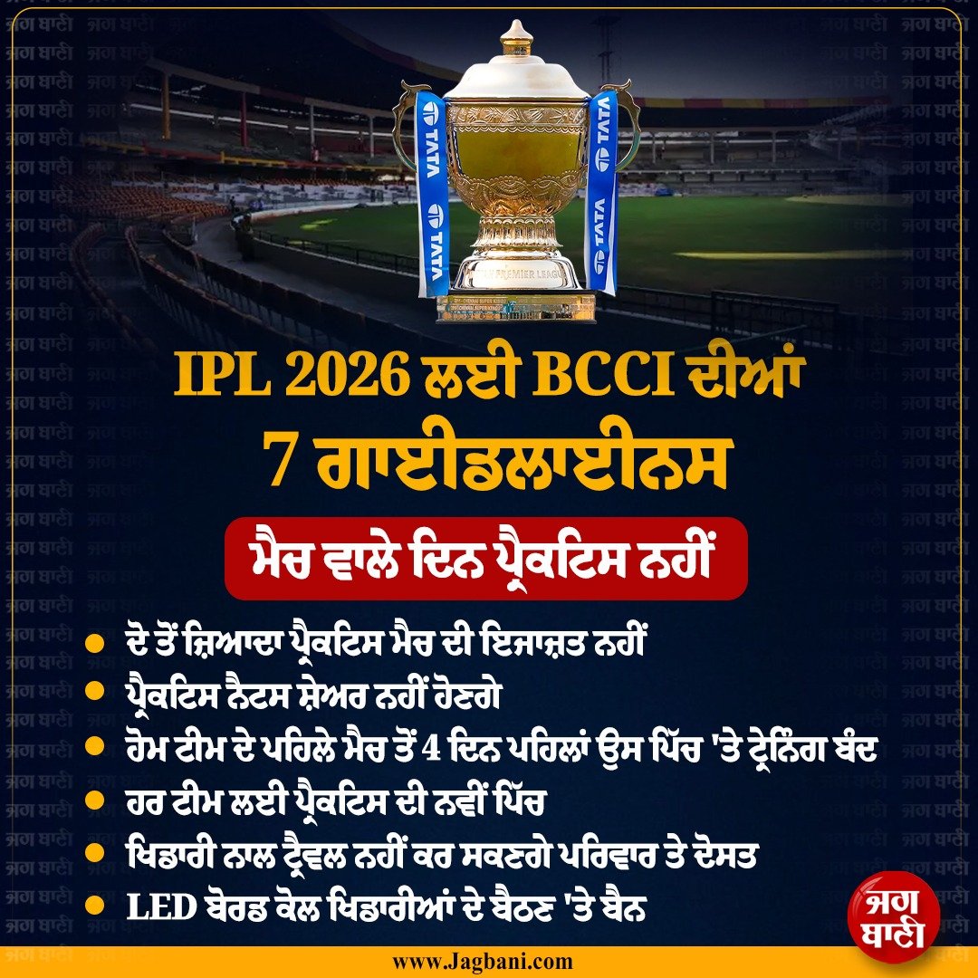 JagbaniOnline's tweet photo. IPL 2026 ਲਈ BCCI ਦੀਆਂ 7 ਗਾਈਡਲਾਈਨਸ
#IPL2026 #BCCIRules #IPLNewRules #IPL2026Rules #IPLUpdates https://t.co/UPxWpB2ZBv