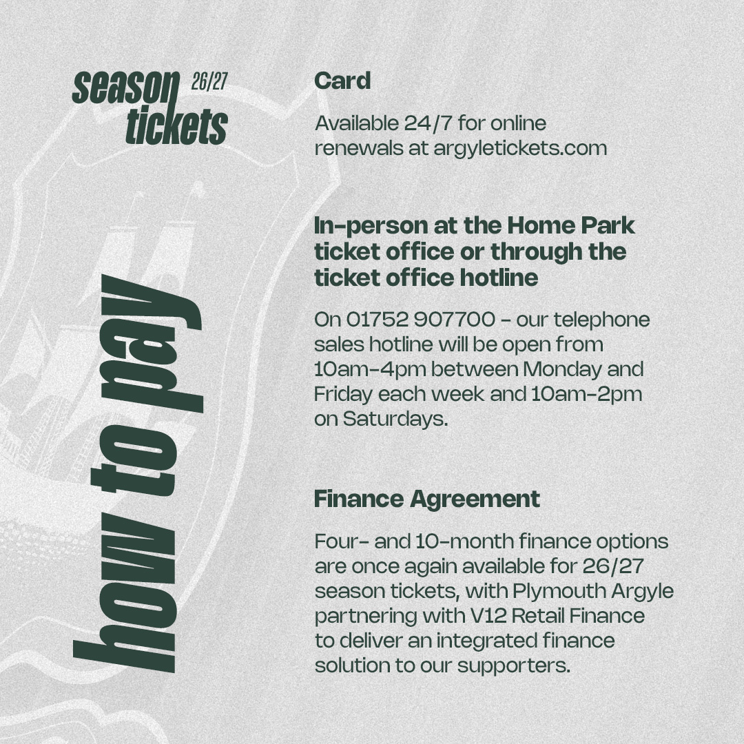 Argyle's tweet photo. We can now confirm season-ticket details for our 2026/27 campaign! 💚

Renewals are available online now, and from the Ticket Office at 10am tomorrow. 🎟️