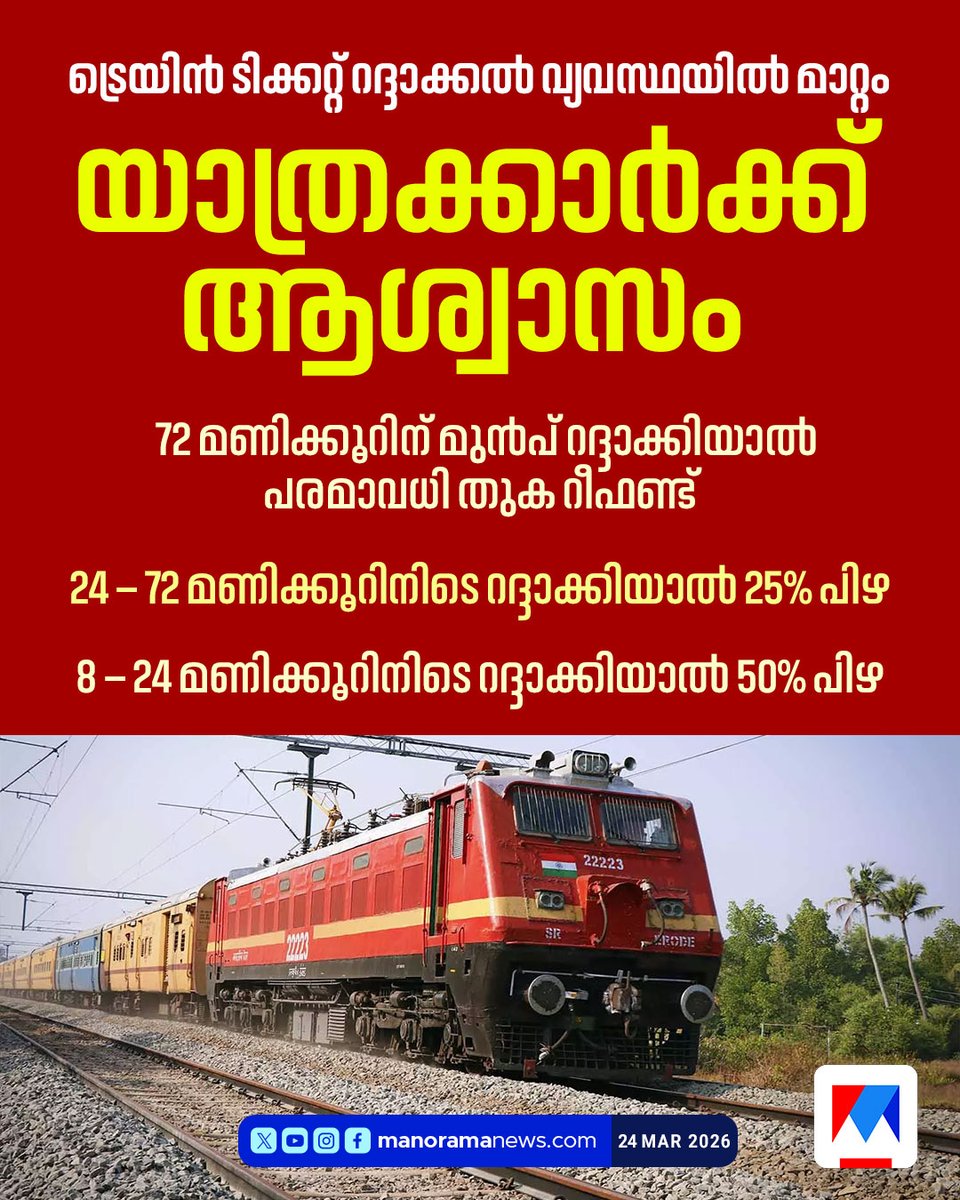 manoramanews's tweet image. റെയിൽവേ യാത്രക്കാര്‍ക്ക് ആശ്വാസം; ട്രെയിന്‍ ടിക്കറ്റ് റദ്ദാക്കല്‍ വ്യവസ്ഥയില്‍ മാറ്റം...

Read more at: manoramanews.com/india/latest/2…
#indianrailway #traintickets #railway
