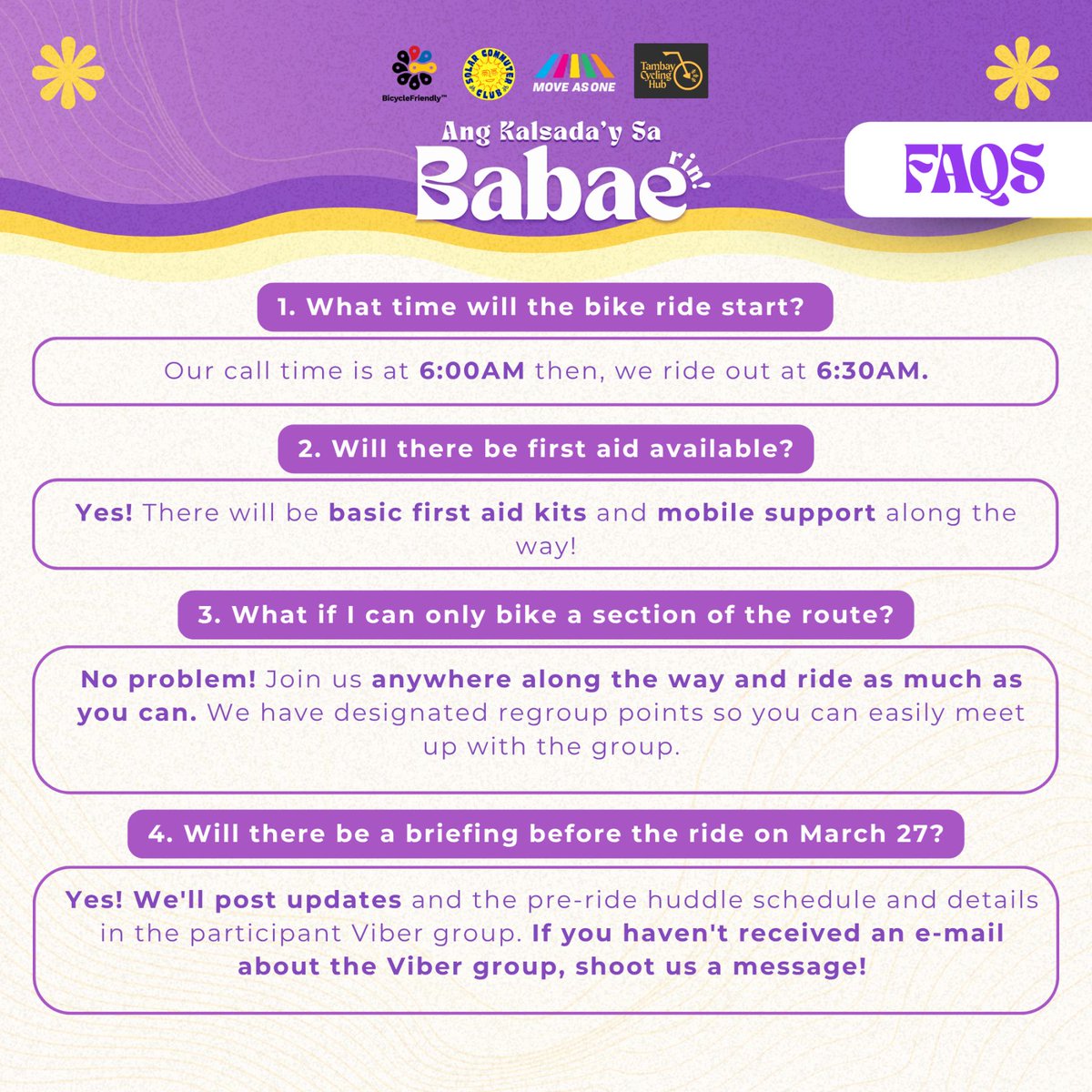 MoveAsOnePH's tweet photo. 𝟑 𝐝𝐚𝐲𝐬 𝐭𝐨 𝐠𝐨!

Narito na ang ilang paalala at sagot sa FAQs para mas maging handa ang lahat—mula call time hanggang ride flow.
📷 FRIDAY, March 27 | QC to Pasig
📷 Meet-up: 6:00 AM | Ride-out: 6:30 AM https://t.co/I3cRjgHwUF