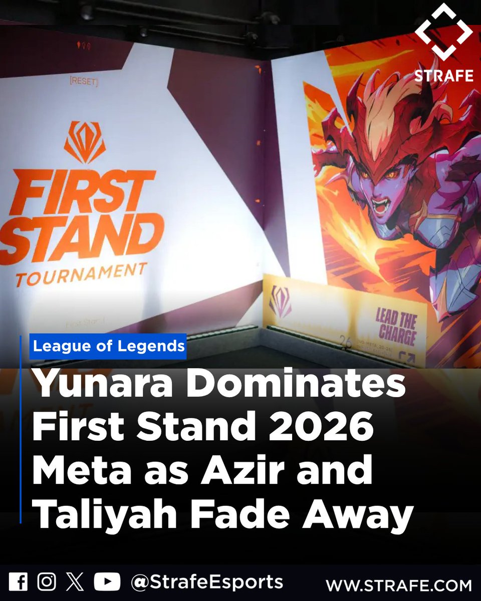 strafeapp's tweet photo. Yunara ran First Stand 2026.
Picked in every single series with a 69 percent win rate, while champs like Azir and Taliyah almost disappeared from the meta after nerfs.
#LoL #FirstStand #Meta https://t.co/zEtp5QkyWJ