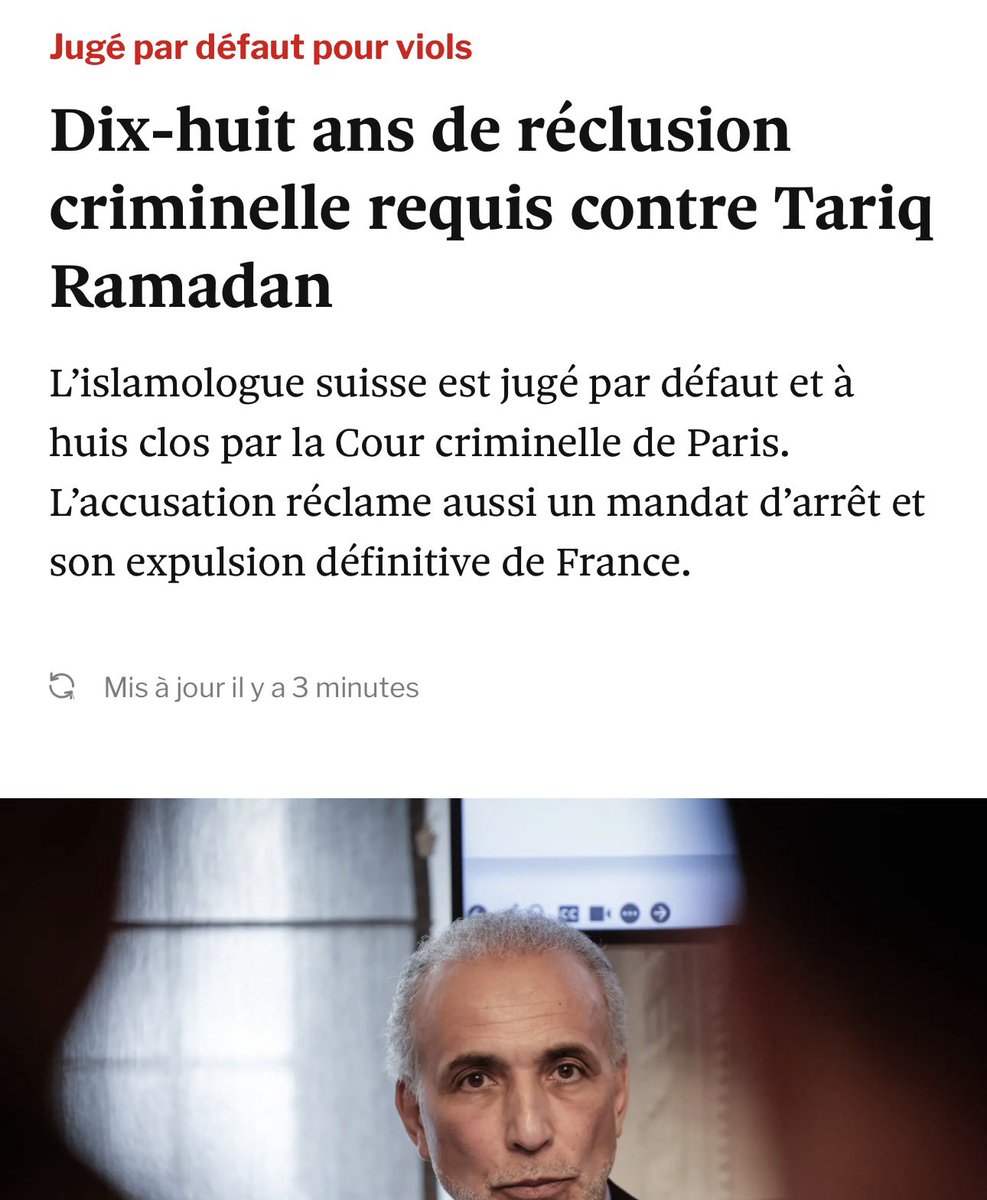 ThinknBE's tweet photo. Les réquisitions du procureur #PhilippeCourroye contre @TariqRamadan illustrent de manière flagrante les dérives d’une justice d’exception : abus de pouvoir, rupture d’égalité et logique de classe s’y expriment sans détour.

Il requiert :
•18 ans de réclusion criminelle, avec mandat d’arrêt,
•une interdiction définitive du territoire,
•un suivi socio-judiciaire,
•ainsi qu’une interdiction de paraître dans tout média en lien avec l’affaire pendant quatre ans.

Ces réquisitions sont d’une sévérité hors norme, sans commune mesure avec celles observées dans des affaires comparables. Elles traduisent moins une exigence de justice qu’une volonté manifeste d’écraser.

À l’approche de la retraite, Philippe Courroye semble s’affranchir de toute exigence de neutralité. Le principe d’impartialité, pourtant au cœur de la fonction de magistrat, est ici ouvertement mis à mal. L’écart entre les faits reprochés et la violence des peines requises est tel qu’il ne peut être ignoré.

Plus grave encore, les propos tenus à l’encontre du prévenu relèvent de la disqualification personnelle et de la mise en cause morale, loin de la retenue et de la dignité attendues d’un représentant du ministère public.

Ce positionnement révèle l’exercice d’un pouvoir judiciaire décomplexé, assumant une forme de toute-puissance, dont les logiques s’inscrivent dans des rapports de domination persistants qui n’a rien à envier à l’époque colonial dont peut être Monsieur Courroye est nostalgique.