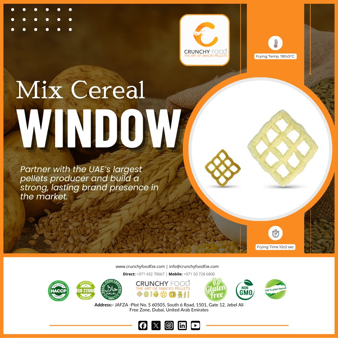 CrunchyFoodFze's tweet photo. Windows to Flavour  🪟 🌾

#CrunchyFoodFZE creates window shaped cereal pellets that bring snack ideas to life. Made with advanced European tech, they hold bold or sweet flavours for great texture and taste.

🌐 https://t.co/EWCQohSFaO

#snackpellets #mixcerealwindow https://t.co/1vG3SZ53Rq