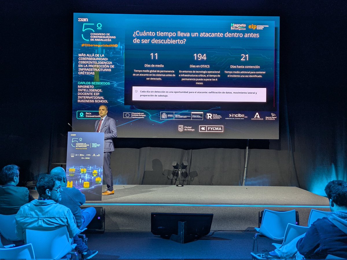 CentroCiberAND's tweet photo. 🟢 #CiberseguridadAND | Carlos Seisdedos (@MagnetoINT) habla en su intervención sobre el papel de la ciberinteligencia en la protección de infraestructuras críticas.

📍Innovation BOX @fycma
#NextGenerationEU #RETECHciber https://t.co/ONxJBPUwdo