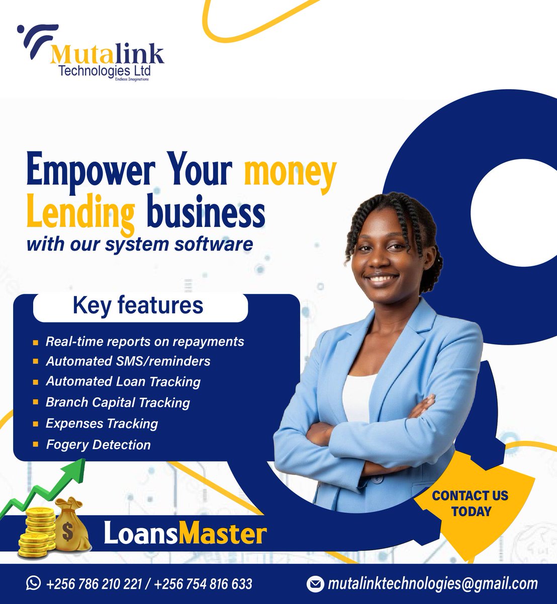 MutalinkLtd's tweet image. Loans Master revolutionizes money lending! Forgery detection, expense/branch tracking, automated loans + SMS reminders, real-time reports. Contact Us today #mutalinkTechUG #LoansMaster #LoanManagement #BusinessAutomation #LendingSoftware