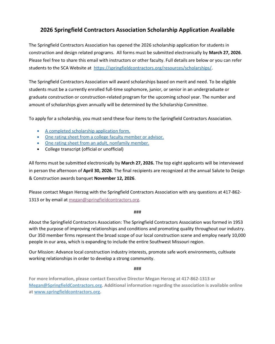 MSUCDPM's tweet photo. ATTN CONSTRUCTION STUDENTS: Follow the instructions above to apply for the 2026 SCA Scholarship!! The deadline is THIS FRIDAY, March 27! https://t.co/9NNOIhyerY
