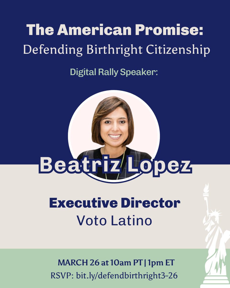 votolatino's tweet photo. SCOTUS will hear oral arguments on #birthrightcitizenship on April 1.
Join a nationwide digital rally on March 26 to learn what’s at stake & how to take action. Voto Latino Executive Director Beatriz Lopez will speak.
➡️ https://t.co/JBjCnq591O
#DefendBirthright https://t.co/UmOFSPBZ7L
