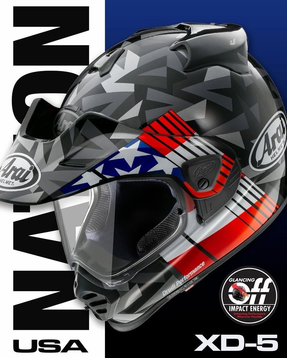 AraiAmericas's tweet photo. The new Arai XD-5 Nation graphic is here! 🇺🇸🇬🇧🇮🇹
The XD-5, at its core, features Arai’s Egg-Shaped Form (ESF) shell, designed to enhance Glancing Off performance by helping impacts deflect and disperse energy.
https://t.co/4scfyMcezV
#Arai #GlancingOff #EggShapedFormShell https://t.co/DsZopdR3Jx