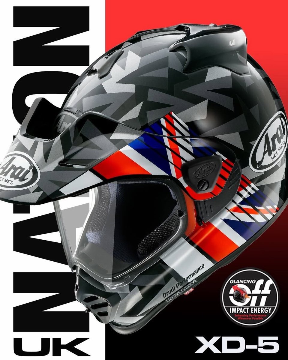AraiAmericas's tweet photo. The new Arai XD-5 Nation graphic is here! 🇺🇸🇬🇧🇮🇹
The XD-5, at its core, features Arai’s Egg-Shaped Form (ESF) shell, designed to enhance Glancing Off performance by helping impacts deflect and disperse energy.
https://t.co/4scfyMcezV
#Arai #GlancingOff #EggShapedFormShell https://t.co/DsZopdR3Jx