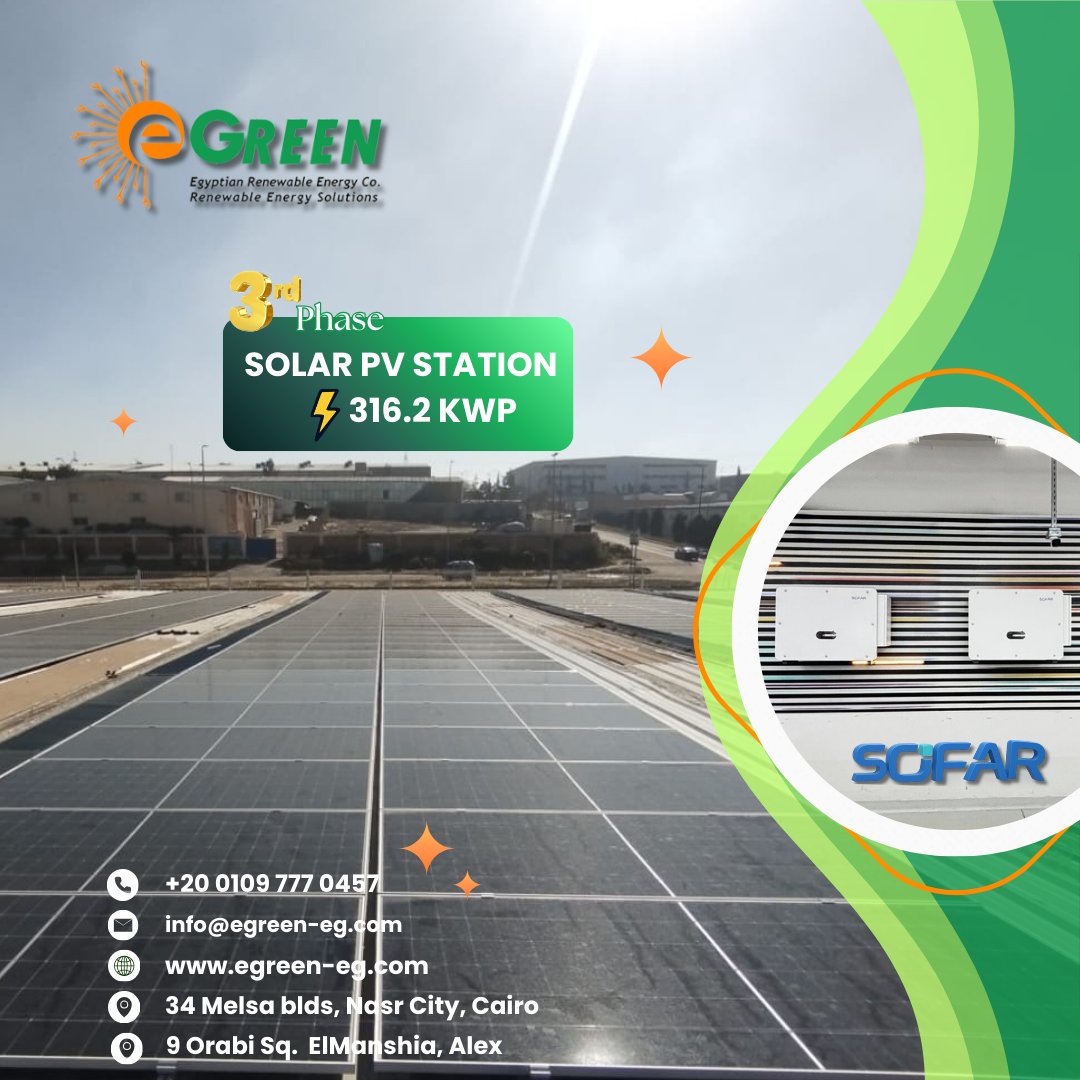 EGreenEgy's tweet photo. ⚡🌍 خطوة جديدة نحو المستقبل الأخضر!
تنفيذ محطة الطاقة الشمسية- المرحلة الثالة بقدرة 316.2 كيلو وات، المنفذة من قبل @egreenegy لصالح شركة @AlexApparelseg  باستخدام محولات @SZ_SOFARSOLAR  لضمان أداء قوي وكفاءة عالية.
🌐 https://t.co/tTxncNZKIt 📞 0109 777 0457
 #الطاقة_الشمسية https://t.co/4185kI0708
