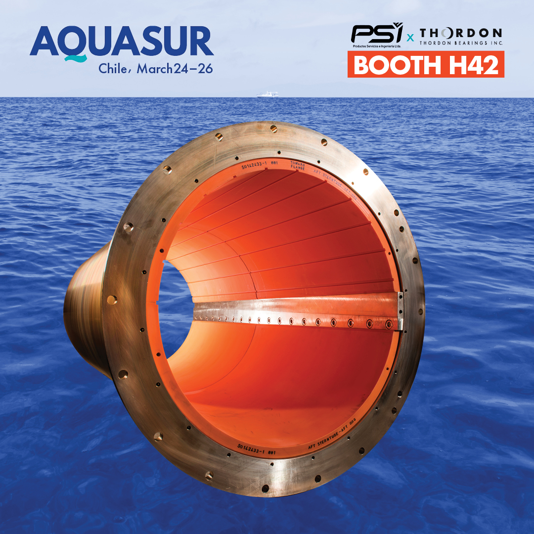 ThordonBearings's tweet image. First day at @AquasurChile! Visit Thordon’s authorized distributor, Productos Servicios e Ingeniería Ltda, at booth H42 to see #COMPAC propeller shaft bearings – seawater-lubricated and trusted on over 2,000 #vessels worldwide. See them in action at the show today!