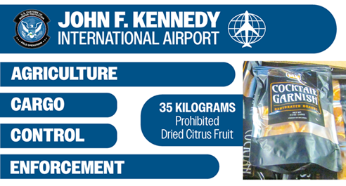 DFONewYork's tweet image. Vigilance pays off! @CBP agriculture specialists assigned to @JFKAirport recently seized 35 kilograms of #cocktail garnish containing dried citrus fruit, prohibited due to the risk of carrying dangerous pests and diseases. Our team is dedicated to protecting U.S. agriculture.