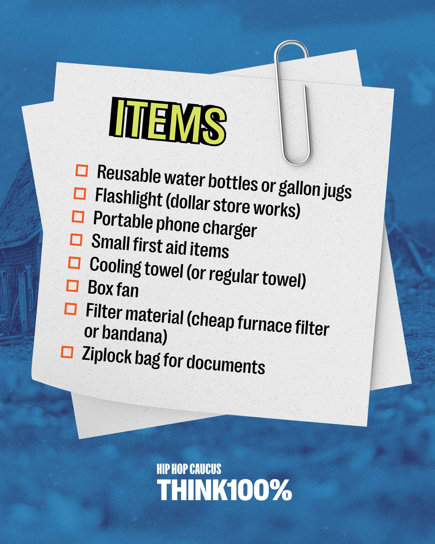 HipHopCaucus's tweet image. Preparedness should not be a luxury.

A climate emergency kit does not need to cost $300 to help protect you and your family. Start with simple, affordable basics and build from there. Safety should be accessible to all of us.

#HipHopCaucus #Think100 #ClimateEmergency