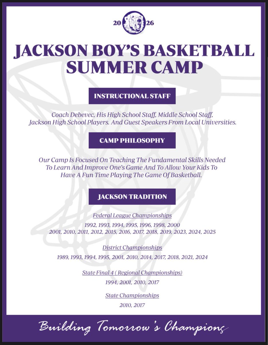 PurpleNGoldCrew's tweet photo. Don’t forget to sign up for our JYBA Summer Basketball Camp!! #GoBears 🐻‍❄️🏀 https://t.co/ST6b4v7jyh